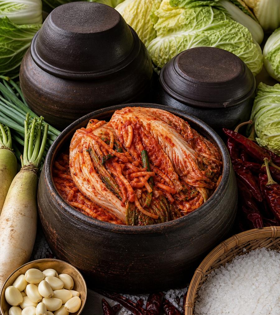 옹기에 담긴 갓 담근 배추김치와 배추, 무, 대파, 마늘, 굵은소금, 건고추